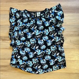 Elle Black Floral Ruffle Sleeve Blouse - Blue & White Flowers